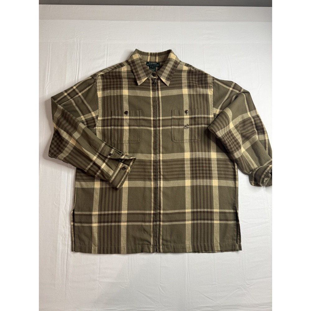 Lauren Ralph Lauren Plaid Zip Shirt Jacket Size Large Olive Green Cotton Flannel